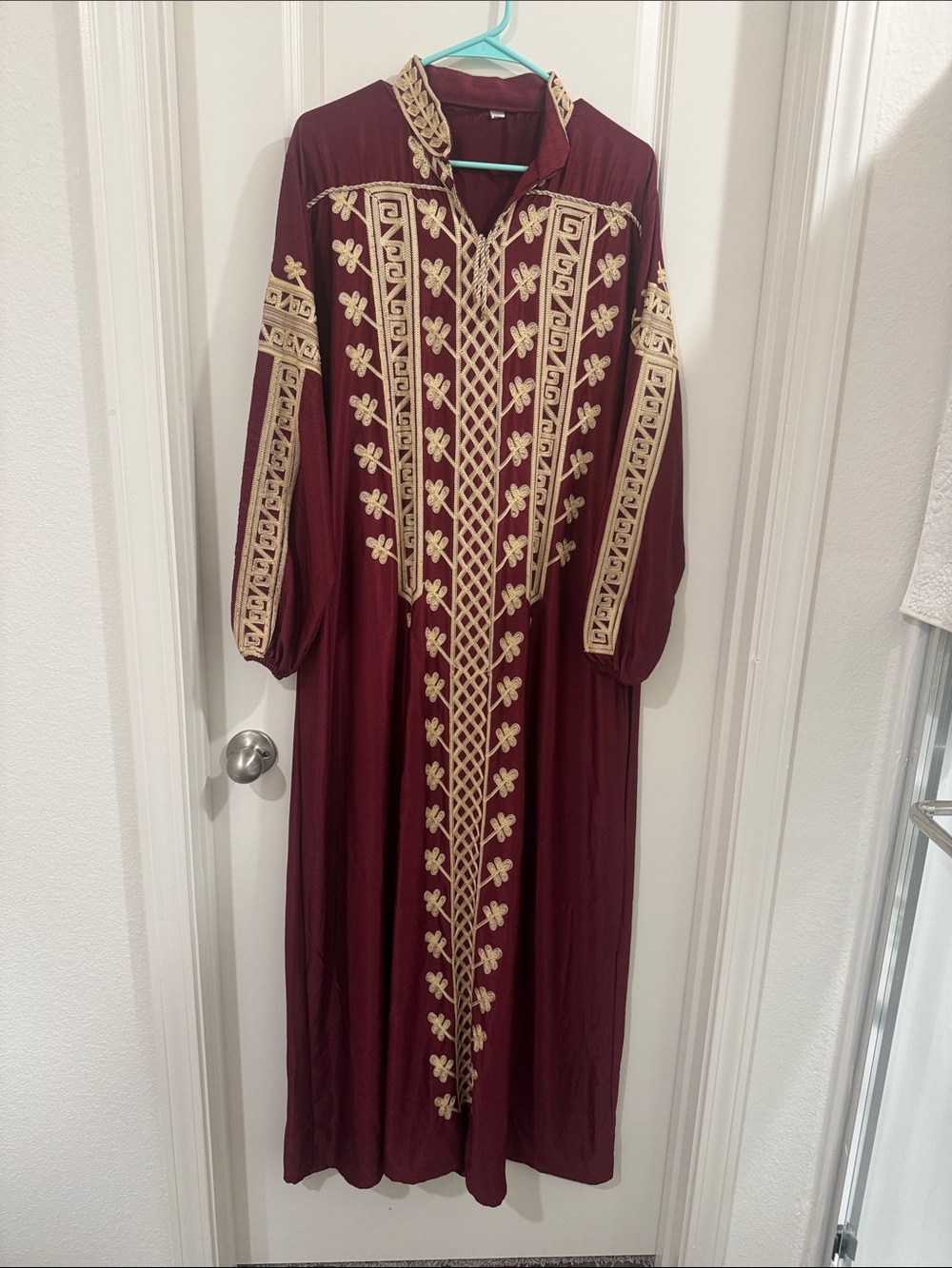 Embroidered Long-Sleeve Maxi Dress in Burgundy with Gold Trim